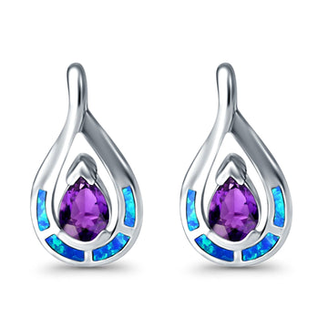 Stud Earrings Lab Created Blue Opal Simulated Amethyst CZ 925 Sterling Silver (20mm)